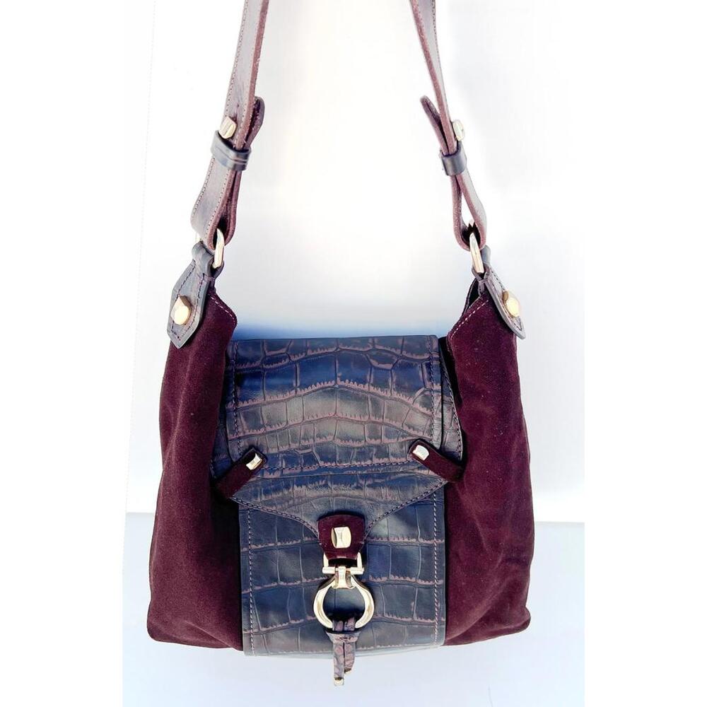 FRANCESCO BIASIA Italy Chocolate Suede Croc Embossed Leather Magnetic Satchel